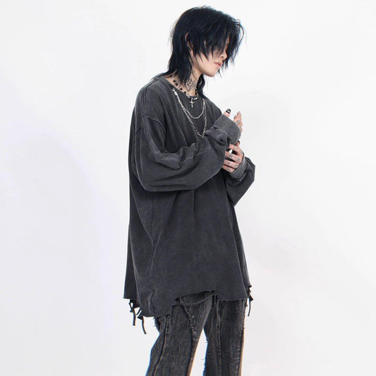 Distressed White Long-sleeve Tee With Chain Cross Necklace