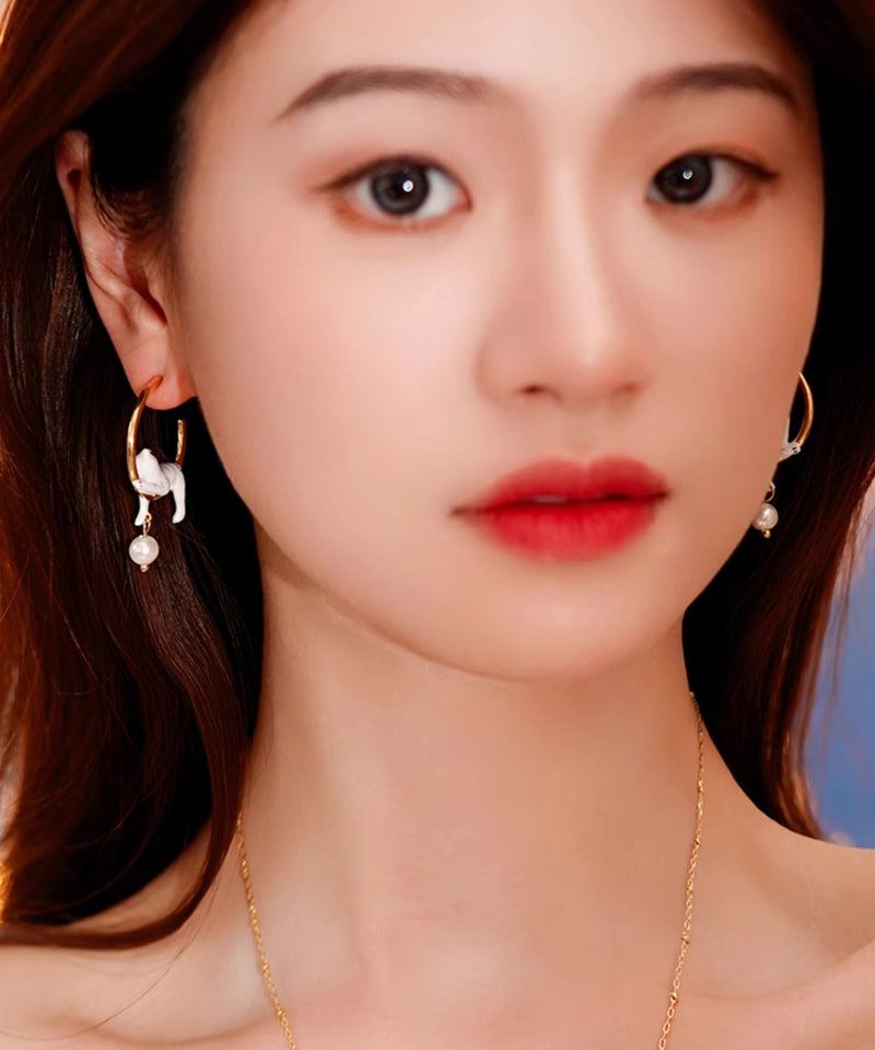 Oversize Gold Copper Overgild Pearl Little Cats Hoop Earrings