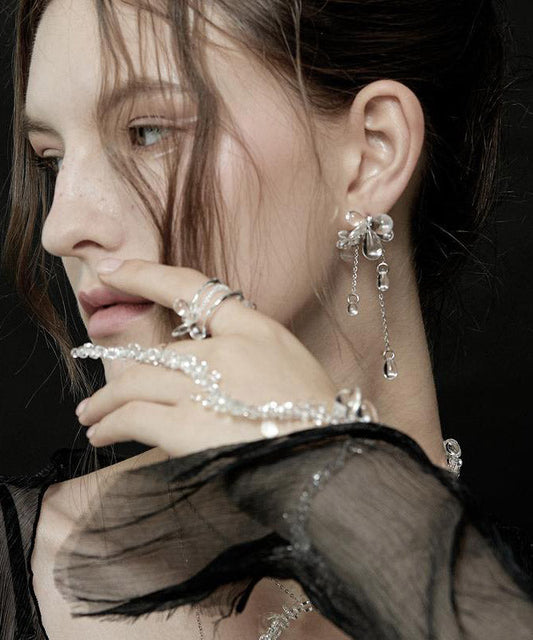 Regular Nude Copper Silvering Glass Bead Asymmetricar Tassel Drop Earrings