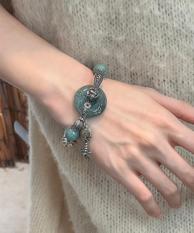 Retro Blackish Green Sterling Silver Jade Butterfly Charm Bracelet
