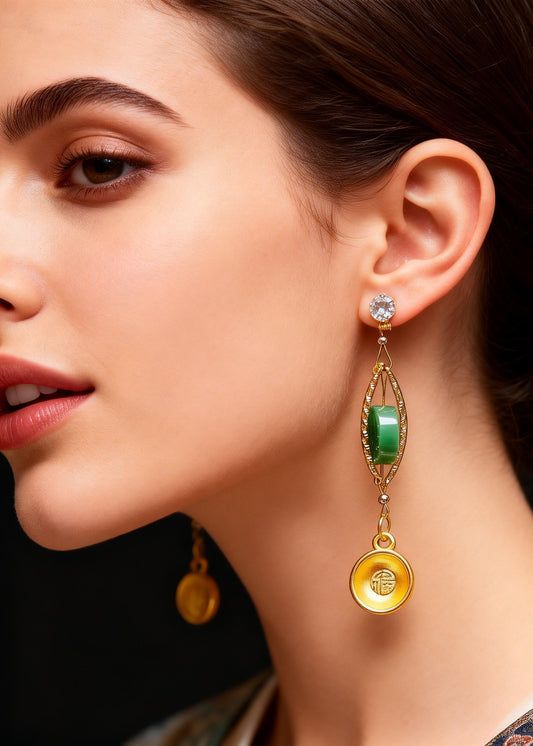 Retro Blessed Bowl Gilding Fine Jade Drop Earrings