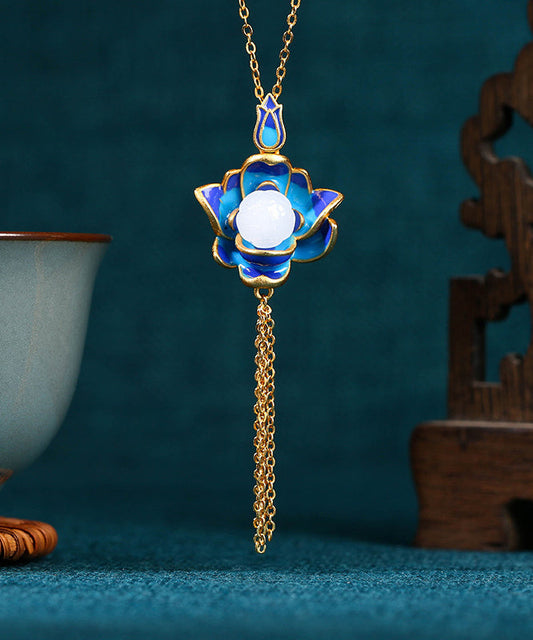 Retro Blue Ancient Gold Jade Lotus Flower Tassel Pendant Necklace Kx1071