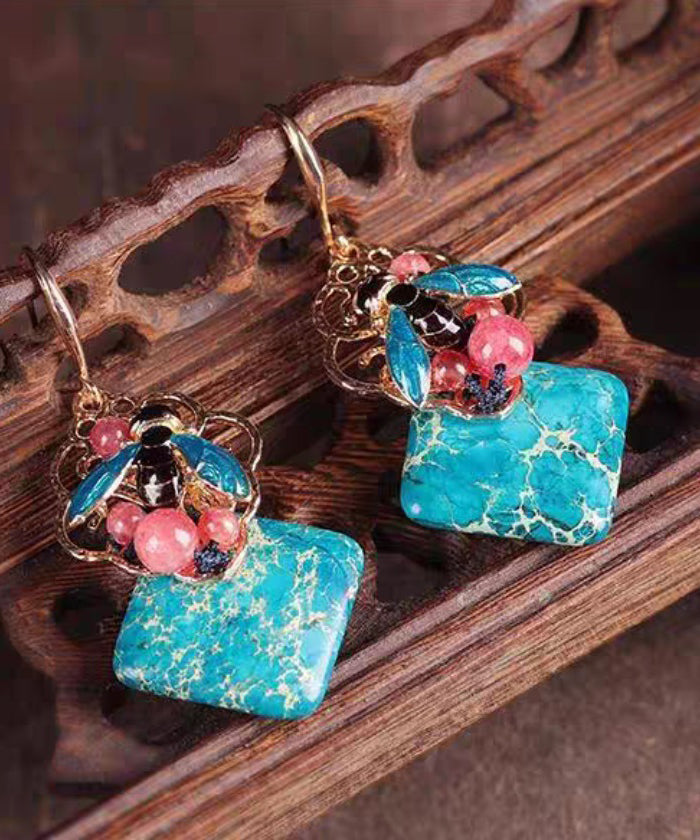 Retro Blue Copper Cloisonne Jade Bee Drop Earrings