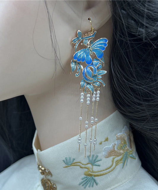 Retro Blue Sterling Silver Overgild 14k Gold Pearl Oli Drip Cloisonnedrop Earrings