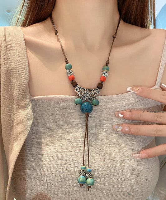 Retro Brown Alloy Ceramic Hemp Rope Tassel Pendant Necklace Ii014