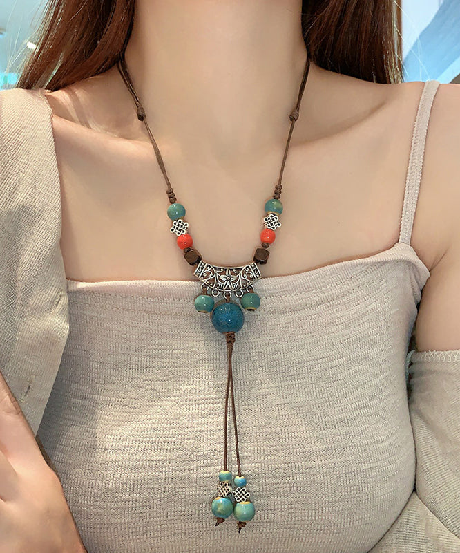 Retro Brown Alloy Ceramic Hemp Rope Tassel Pendant Necklace Ii014