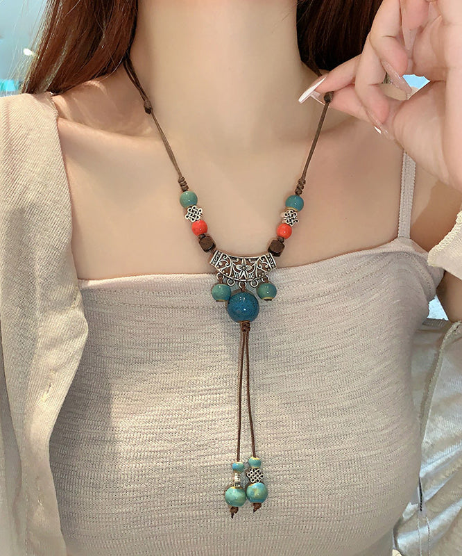 Retro Brown Alloy Ceramic Hemp Rope Tassel Pendant Necklace Ii014