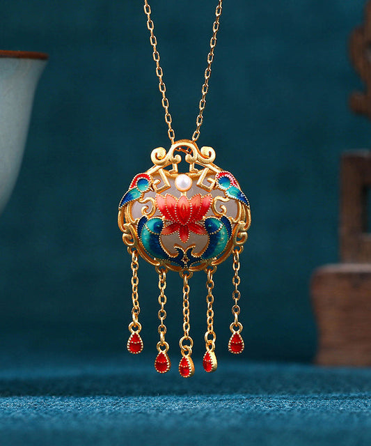 Retro Colorblock Sterling Silver Overgild Jade Enamel Every Year There Is Fish Tassel Pendant Necklace Kx1079