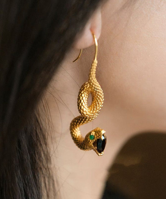 Retro Gold 14k Gold Black Agate Emerald Snakelike Drop Earrings
