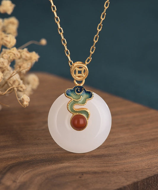 Retro Gold Ancient Gold Jade Ping Buckle Pendant Necklace Po070