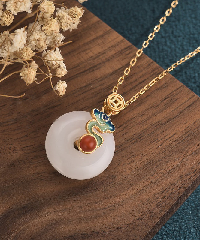 Retro Gold Ancient Gold Jade Ping Buckle Pendant Necklace Po070