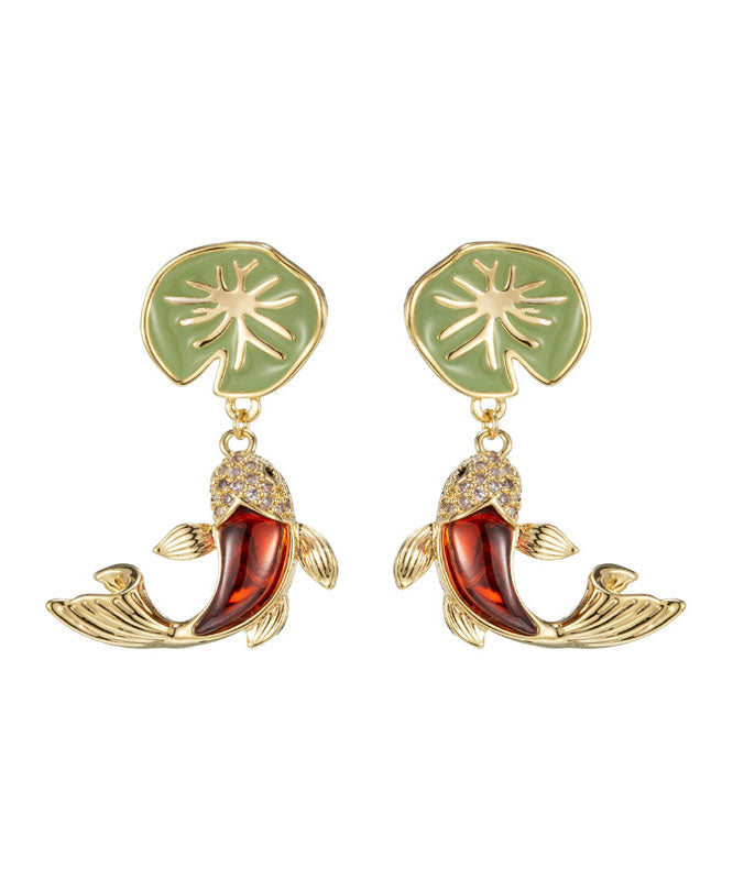 Retro Green Sterling Silver Overgilid Lotus Leaf Koi Drop Earrings Tw1042