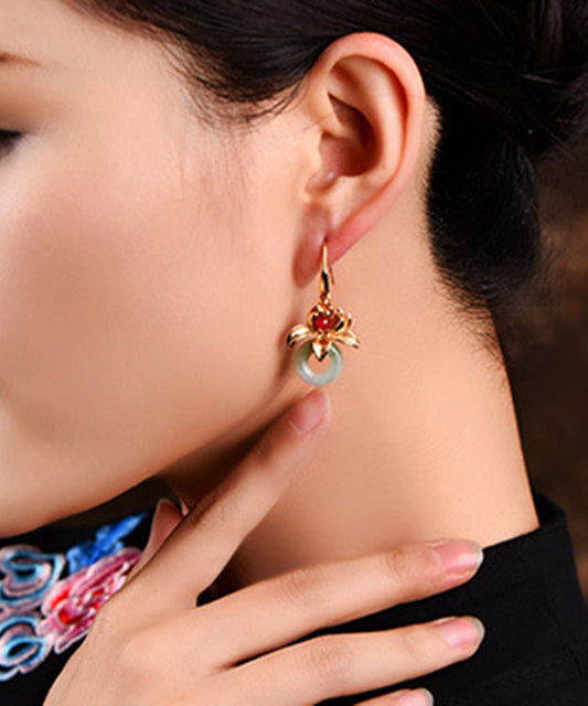 Retro Grey 14k Gold Gem Stone Drop Earrings
