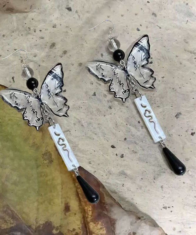 Retro Ink and Wash Butterfly Tassel Water Drop Drop Earrings