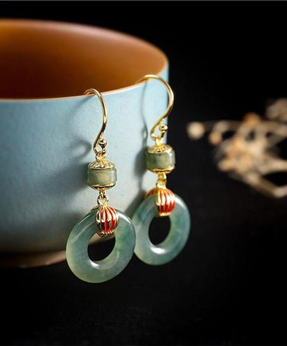 Retro Light Green Sterling Silver Overgild Jade Enamel Ping Buckle Drop Earrings Gh1011