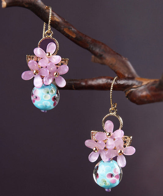 Retro Light Purple 24k Gold Coloured Glaze Synthetic Flower Drop Earrings