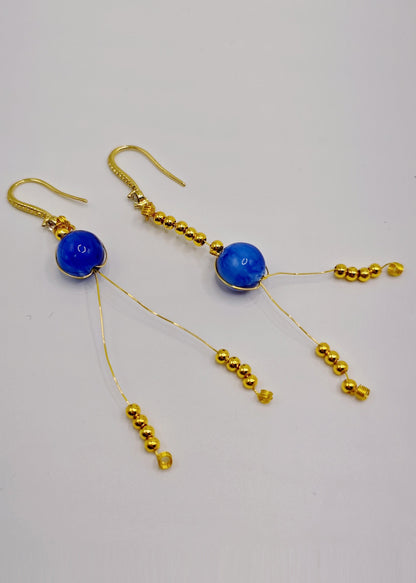 Retro Peacock Blue Tasseled Gem Stone Drop Earrings