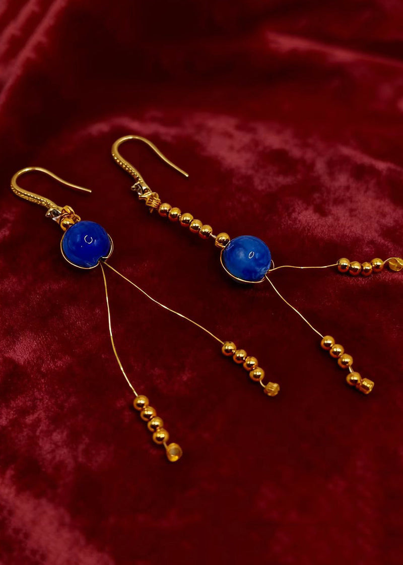 Retro Peacock Blue Tasseled Gem Stone Drop Earrings