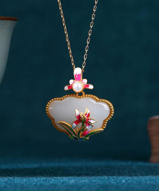 Retro Red Ancient Gold Jade Pearl Pendant Necklace Kx1061