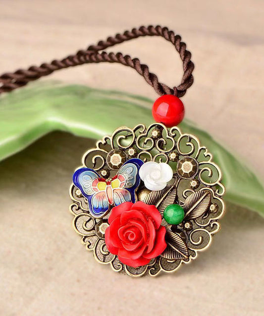Retro Red Butterfly Hollow Out Metal Pendant Necklace