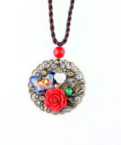 Retro Red Butterfly Hollow Out Metal Pendant Necklace