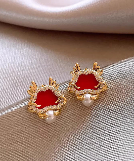 Retro Red Sterling Silver Overgild Zircon Pearl Stud Earrings