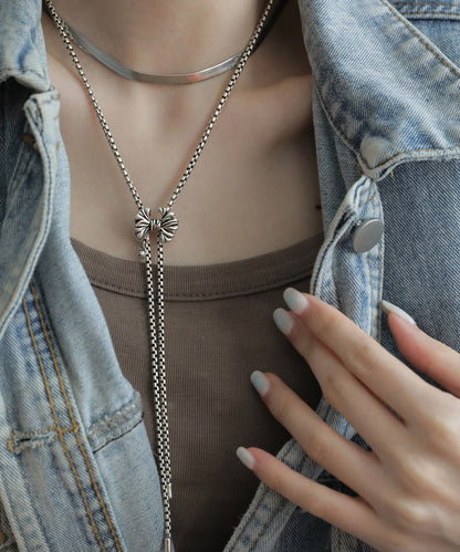 Retro Silk Sterling Silver Bow Tassel Pendant Necklace Gh1072
