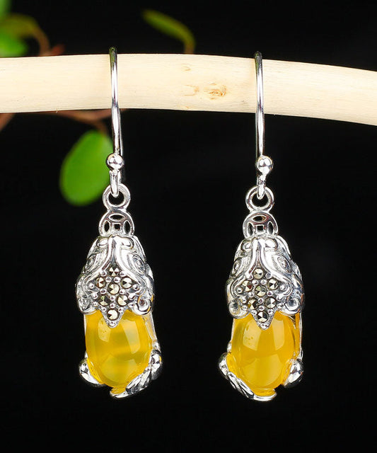 Retro Yellow Sterling Silver Inlaid Chalcedony a Mythical Wild Animal Drop Earrings