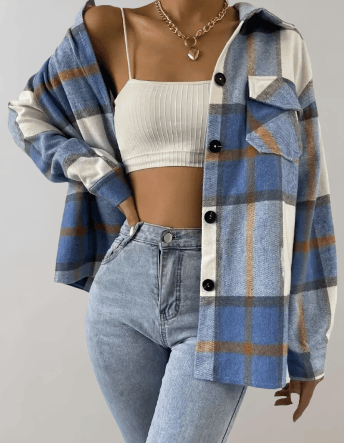 LM | Stylish blue plaid oversized ladies coat