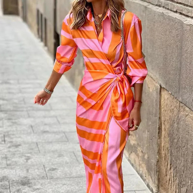 EP | 2024 AliExpress européenne et américaine transfrontalière nouvelle mode imprimée col de chemise laçage Midi robe rayée