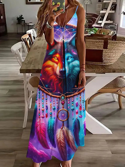 EP | 2024 Nouveau 3D Hibou Impression Vintage Gilet sans manches Longue Femme Motif Tribal Robe Spaghetti Bretelles Eté Longue Robe Gilet Libre