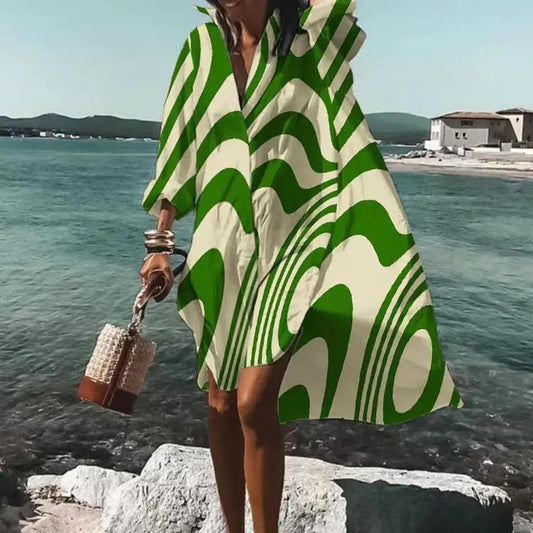 EP | Automne Robe 2024 Nouvelle Mode Loisirs Grace Imprimé Revers Manches Longues Lâche Fête Plage Chemise Femmes Robes MsChuh