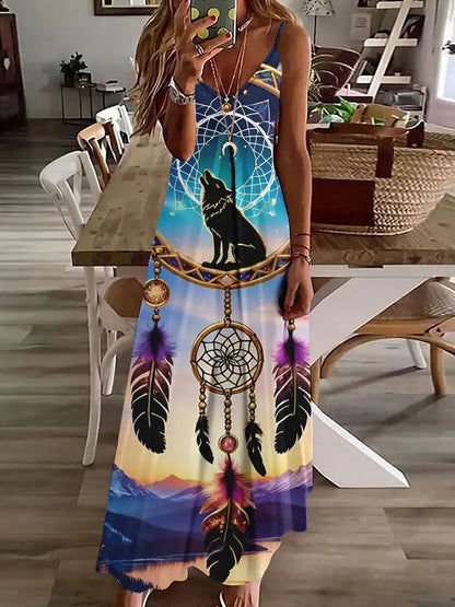 EP | 2024 Nouveau 3D Hibou Impression Vintage Gilet sans manches Longue Femme Motif Tribal Robe Spaghetti Bretelles Eté Longue Robe Gilet Libre