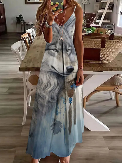 EP | 2024 Nouveau 3D Hibou Impression Vintage Gilet sans manches Longue Femme Motif Tribal Robe Spaghetti Bretelles Eté Longue Robe Gilet Libre