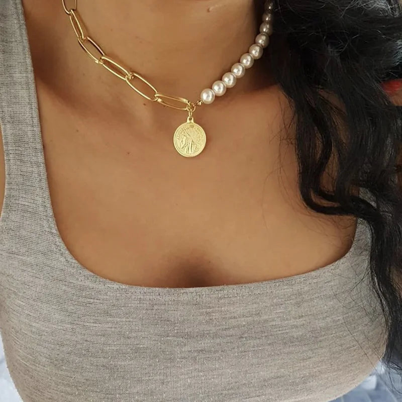Vienkim Baroque Style Necklace Neck Chains for Pearl Simple Hip Hop Metal Choker Punk Clavicle Chain Jewelry
