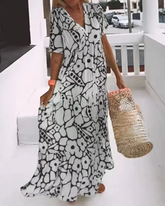 EP | 2024 AliExpress Femmes Européennes et Américaines Cross border Été Nouvelle Mode Imprimé Manches Courtes Profond Col V Longue Robe