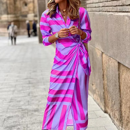EP | 2024 AliExpress européenne et américaine transfrontalière nouvelle mode imprimée col de chemise laçage Midi robe rayée