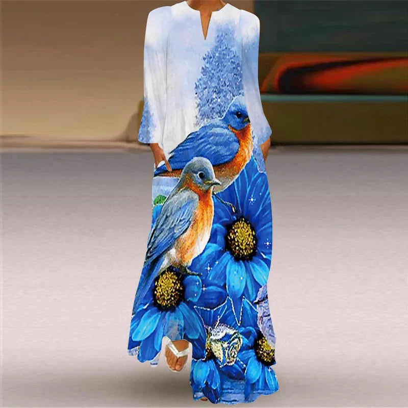 EP | 2024 Européenne et Américaine Transfrontalière Femme Nouvelle Robe Col en V Manches Longues Sexy Imprimé Grand Sac Robe Commerce Extérieur