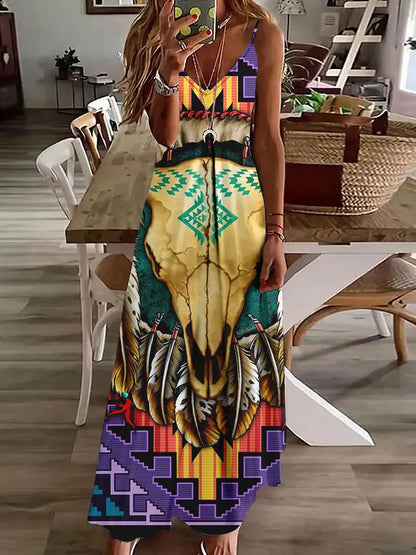 EP | 2024 Nouveau 3D Hibou Impression Vintage Gilet sans manches Longue Femme Motif Tribal Robe Spaghetti Bretelles Eté Longue Robe Gilet Libre