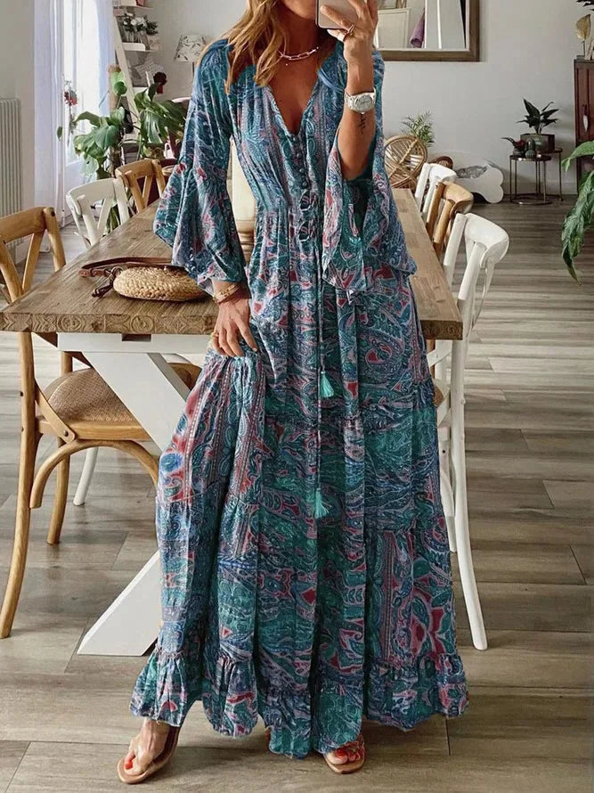 EP | 2023Croix Border style bohème manches évasées imprimé v-cou robe de vacances cintrée haute avec robe florale pour les femmes