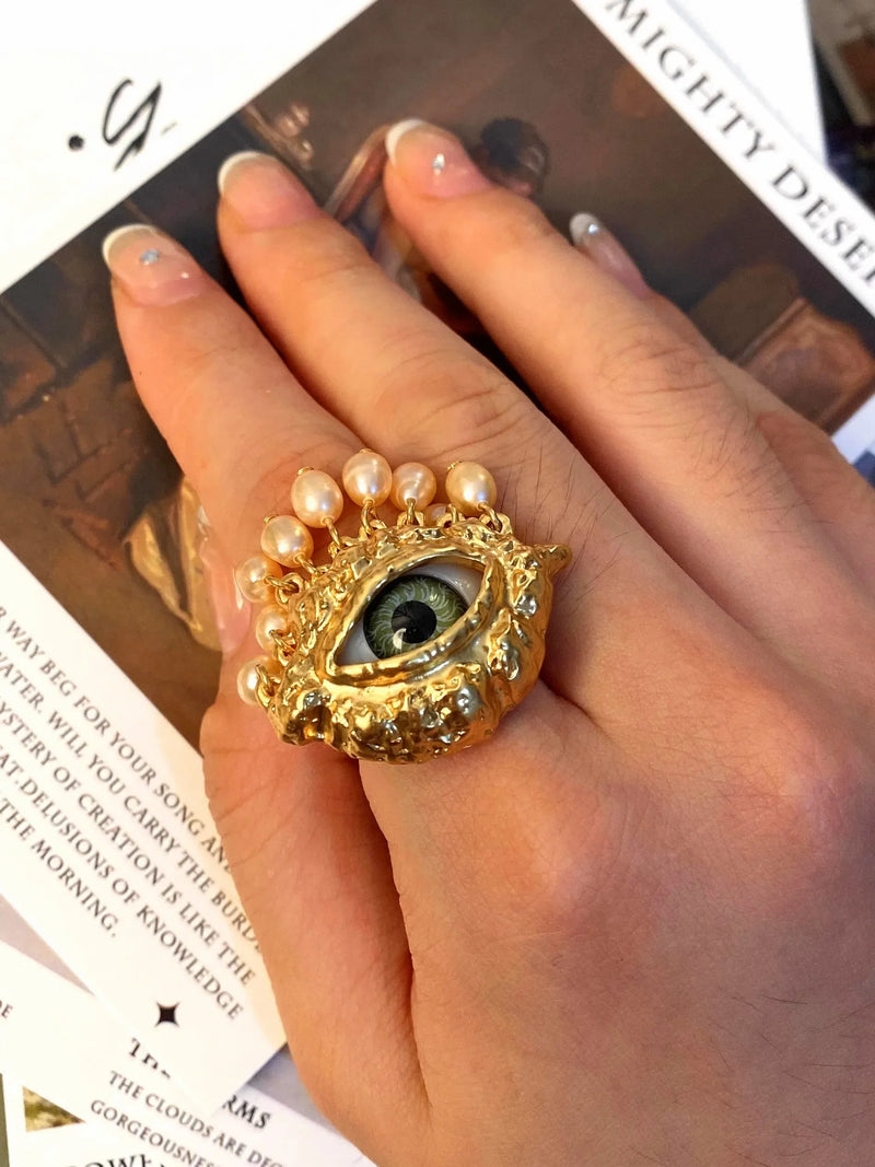 Statement Gold Eye Tassel Ring
