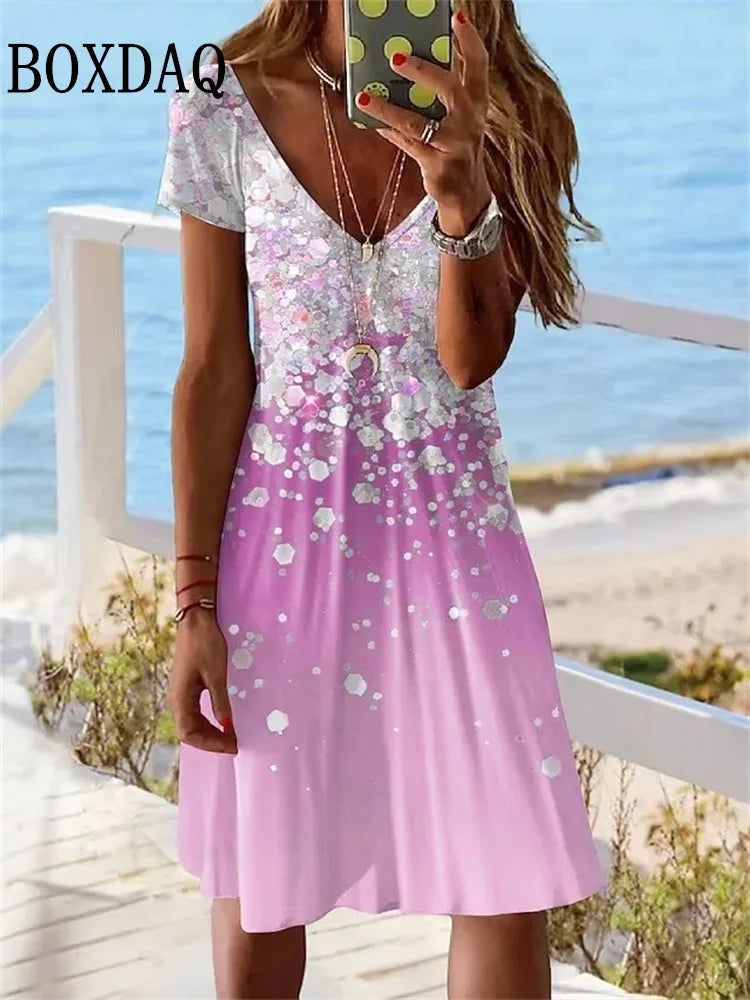 EP | 2024 Manches courtes femmes nouvelle robe pull d'été mode plus-size robe casual loose v-cou femmes été imprimé robe de fête