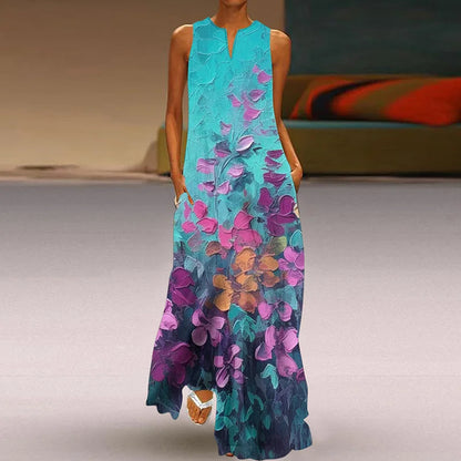 EP | 2025 été nouveau vintage fleur imprimée robes longues femmes mode col V lâche robe sans manches casual commuter Vestidos Femme