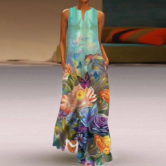 EP | 2025 été nouveau vintage fleur imprimée robes longues femmes mode col V lâche robe sans manches casual commuter Vestidos Femme