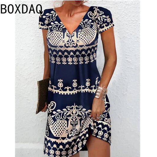 EP | 3D Vintage Elegant Style Ethnique Imprimé Robe Surdimensionnée Manches Courtes Encolure en V Décontractée A-Ligne Mi-longue Robe Vestidos
