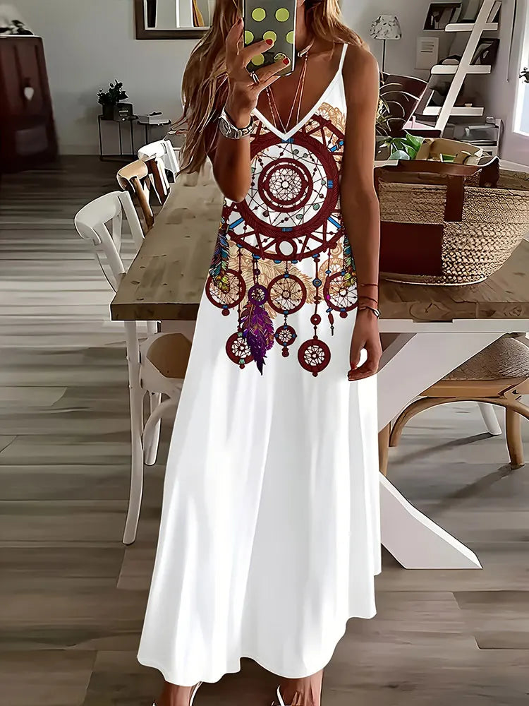 EP | 2024 New Vintage Ethnic Print Ladies Elégante robe d'été Ladies Casual Robe sans manches Street Fashion Ladies Long Dress