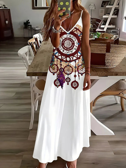 EP | 2024 New Vintage Ethnic Print Ladies Elégante robe d'été Ladies Casual Robe sans manches Street Fashion Ladies Long Dress