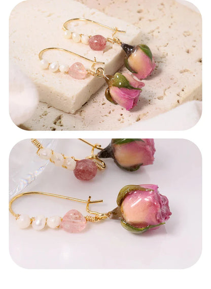 Pearl & Rose Drop Earrings