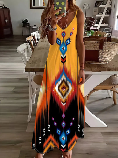 EP | 2024 New Vintage Ethnic Print Ladies Elégante robe d'été Ladies Casual Robe sans manches Street Fashion Ladies Long Dress
