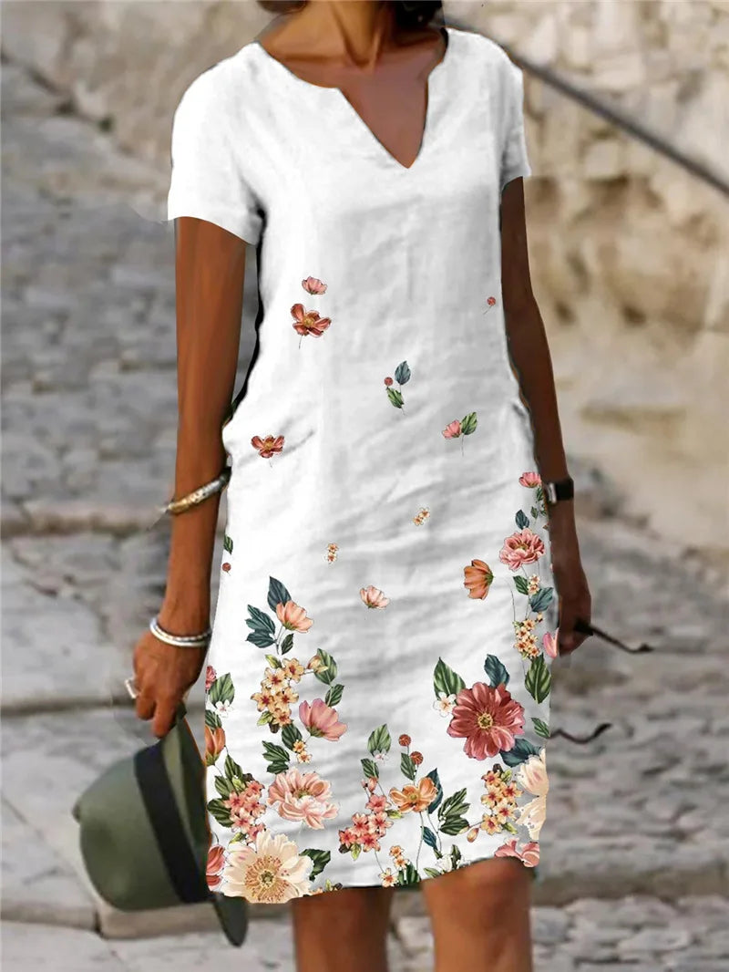 EP | 2024 Eté Elégante Femme Robe Oversize Imprimée Col en V Femme Printemps Tendance Plage Mode Décontractée Vêtements Libres Femme